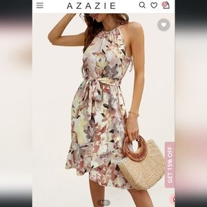 Azazie Sunny Bliss Pink Floral Print Halter Ruffled Midi Dress, XL